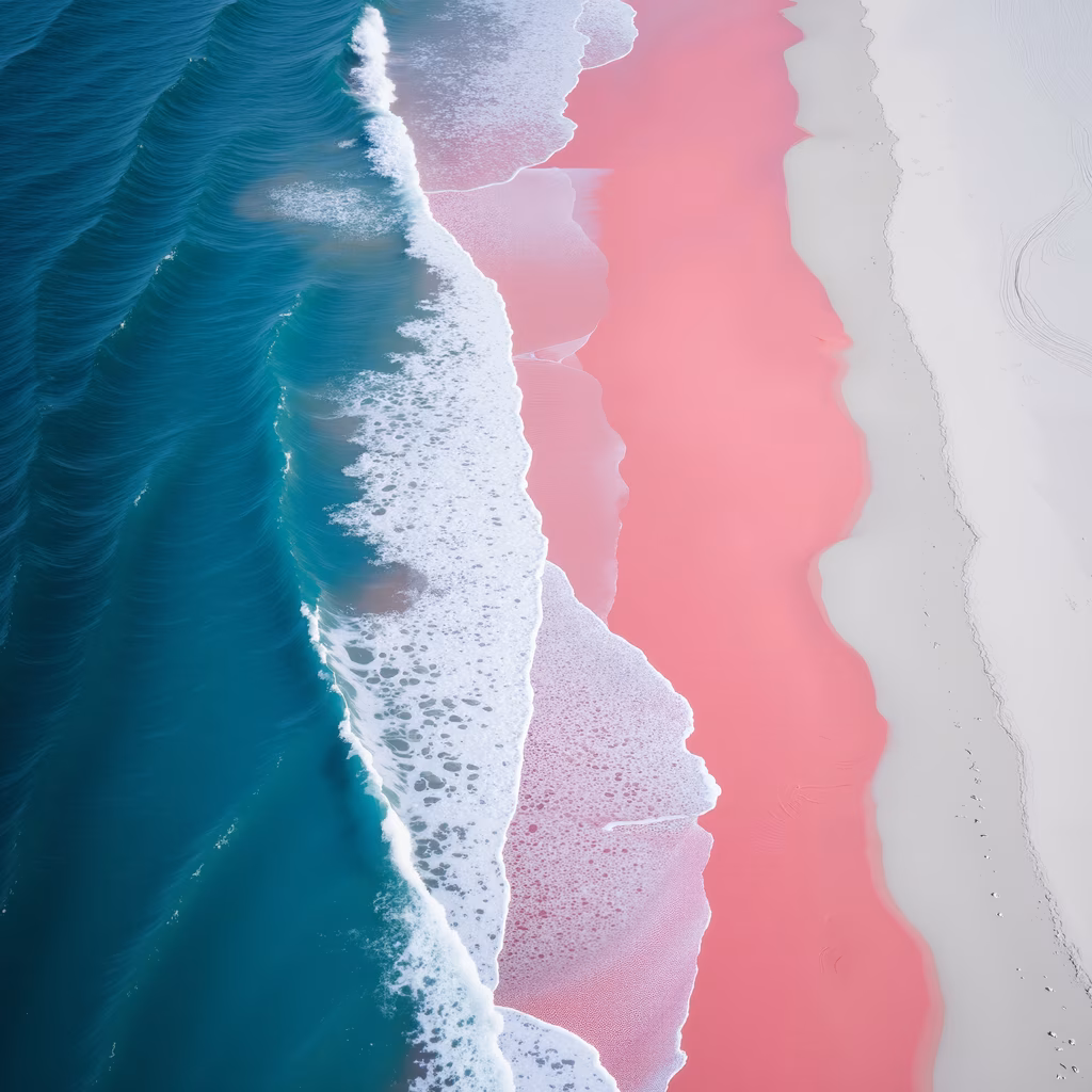Aerial view of turquoise ocean waves meeting a vivid pink shoreline, creating a stunning natural contrast.