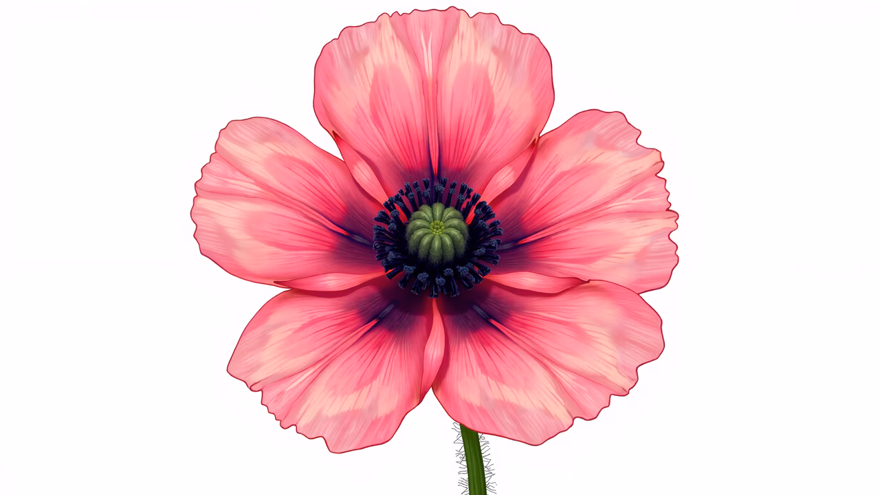 Detailed illustration of a pink poppy flower with soft pastel shades and deep purple center.