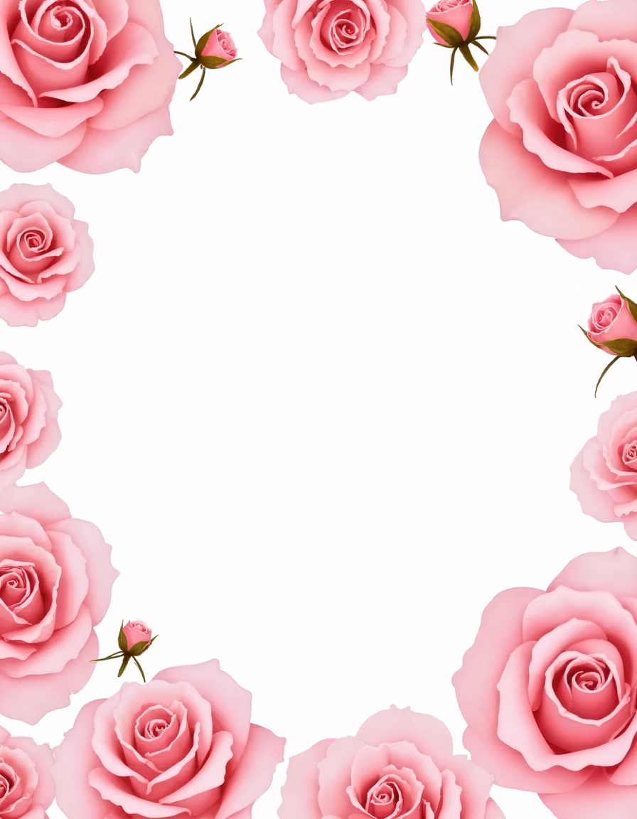 Delicate pink roses frame on a clean white background, perfect for floral designs.