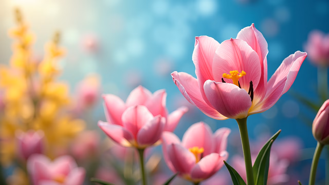 Delicate pink tulips against a serene blue backdrop, evoking a sense of peace and natural beauty.