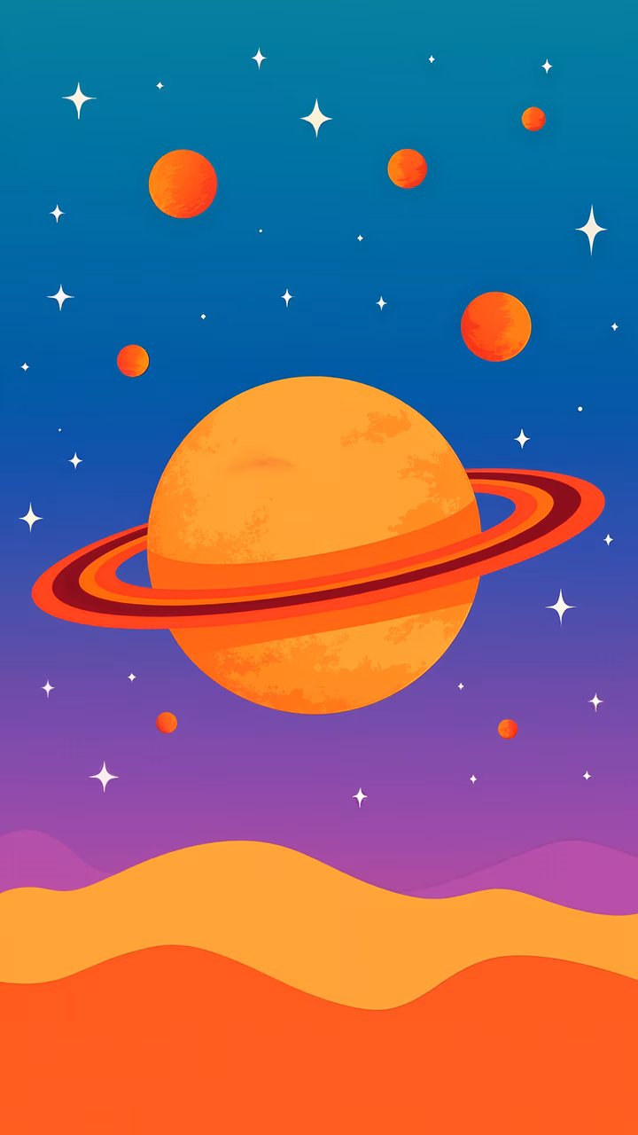 Whimsical space art featuring Saturn and celestial bodies in a colorful gradient sky.