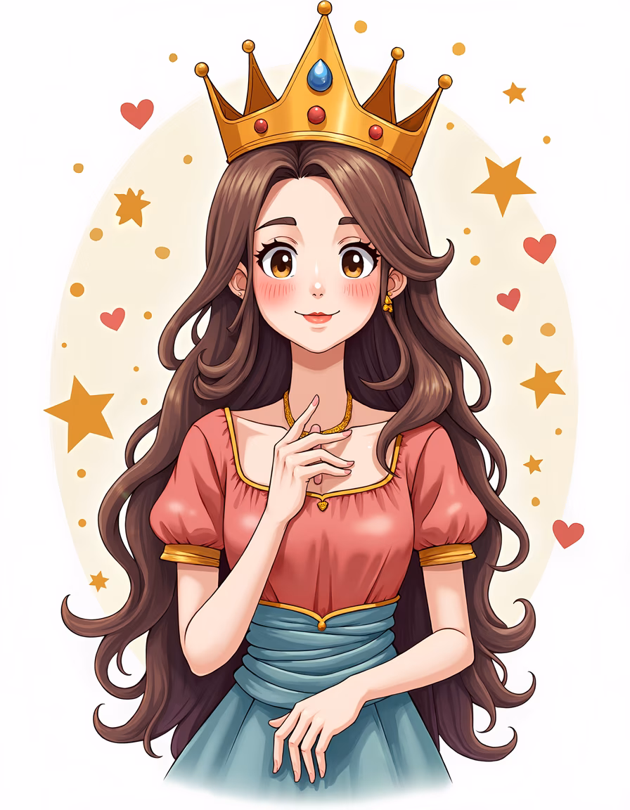 A princess wearing a golden crown and a pink dress, surrounded by stars and hearts.