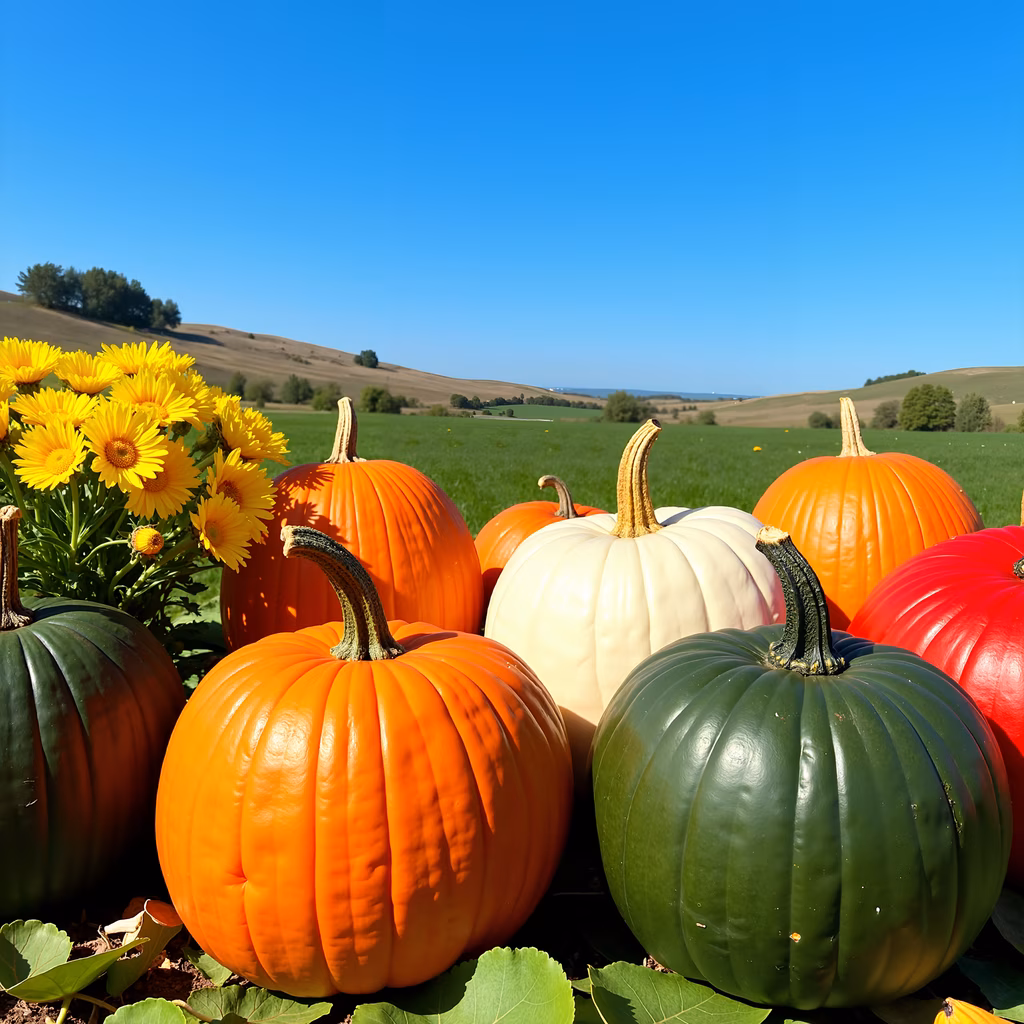 Colorful pumpkins in a scenic autumn landscape.
