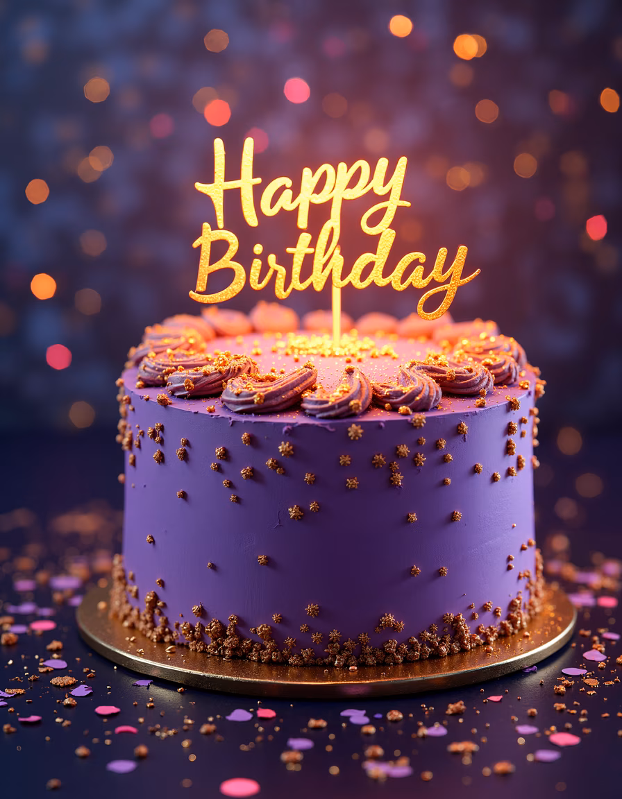Vibrant purple birthday cake with gold accents and glittering topper, celebrating joy and festivity.