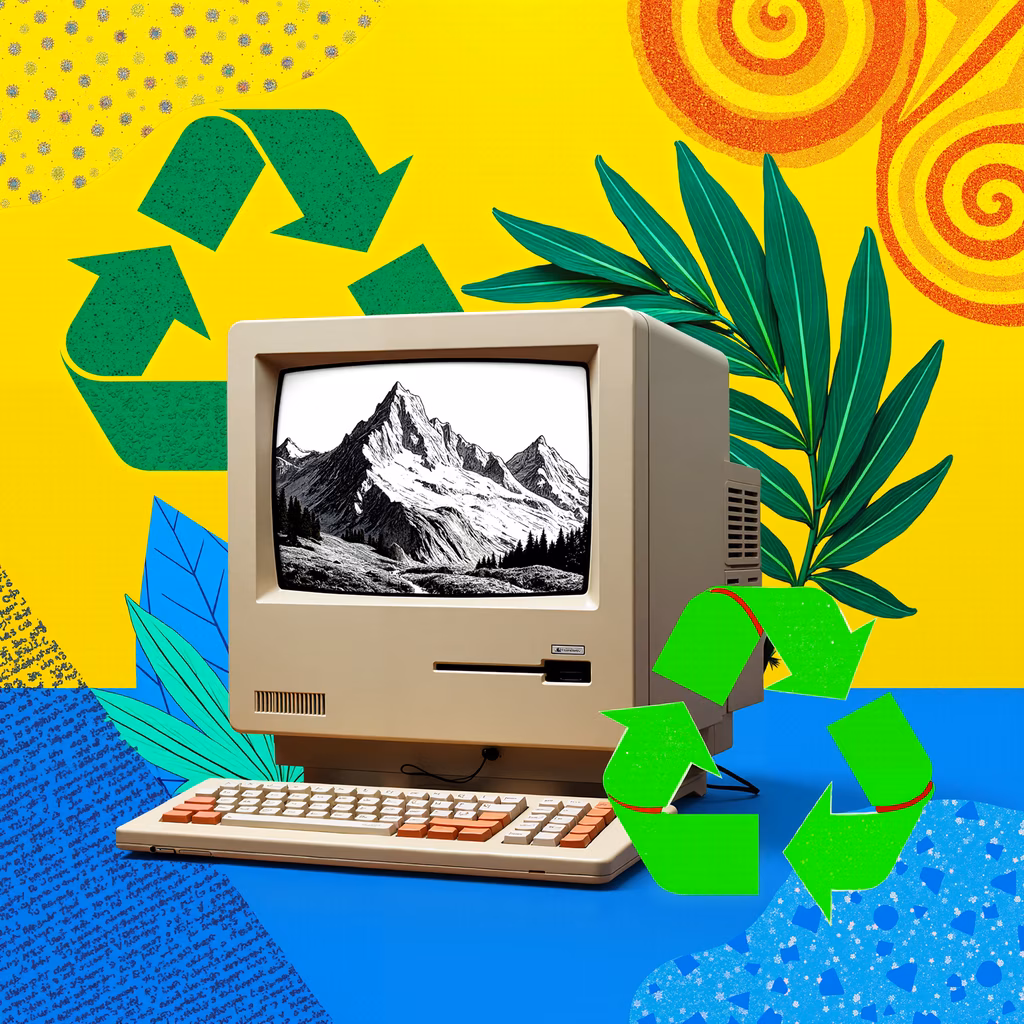 A retro computer surrounded by recycling symbols and a mountain landscape on a colorful background.