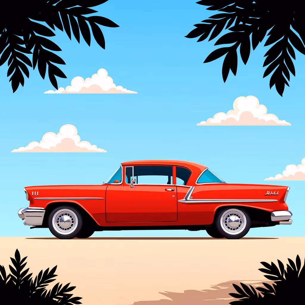 Classic red car on a sunny tropical beach
