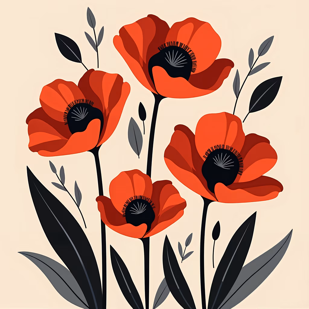Bold red poppies on a beige background, modern floral illustration.