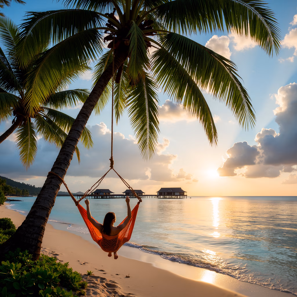 Woman relaxing in hammock at sunset, serene beach scene