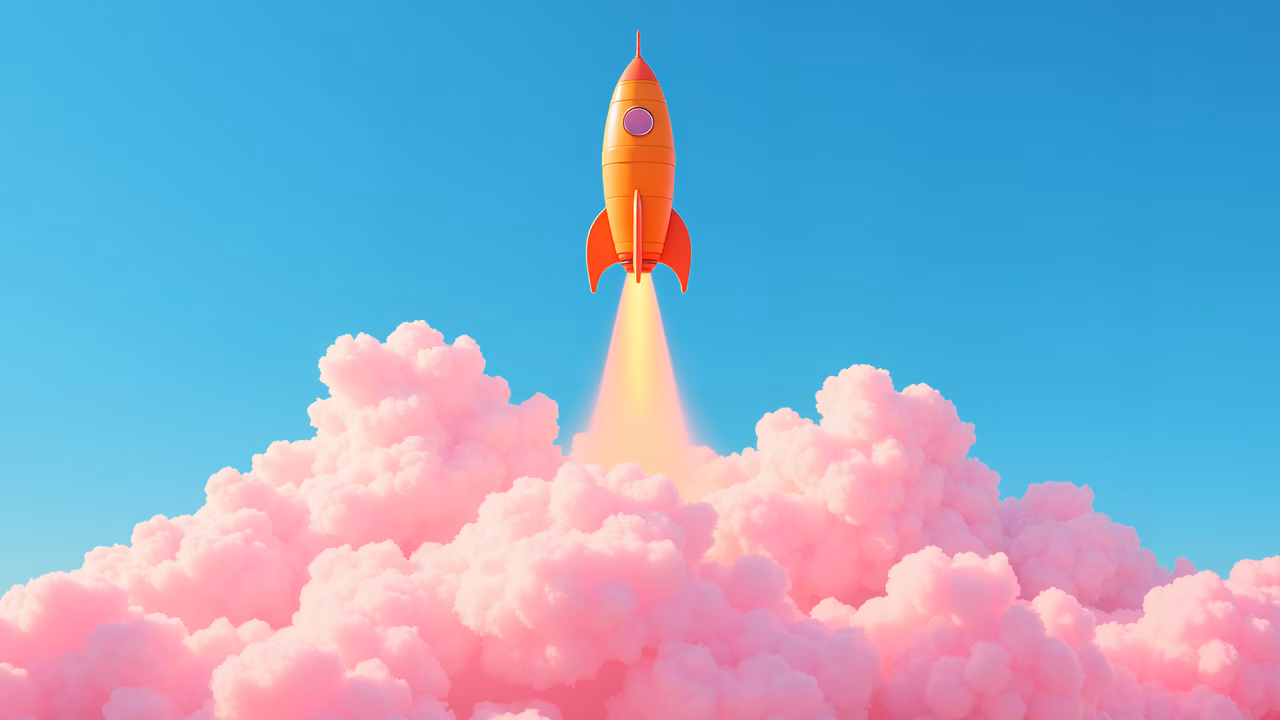 Vibrant rocket launch through dreamy pink clouds against a clear blue sky.