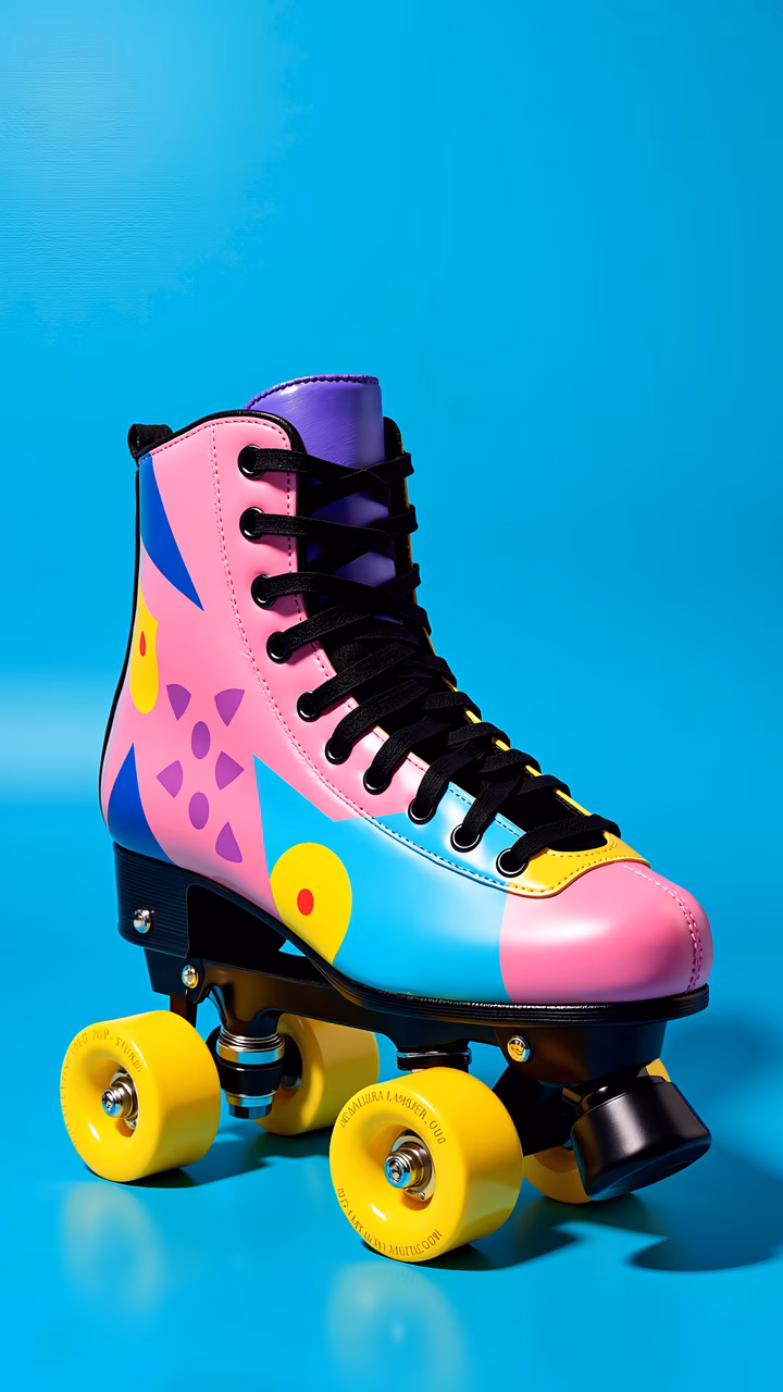 Vibrant roller skate with geometric patterns on a clean background.