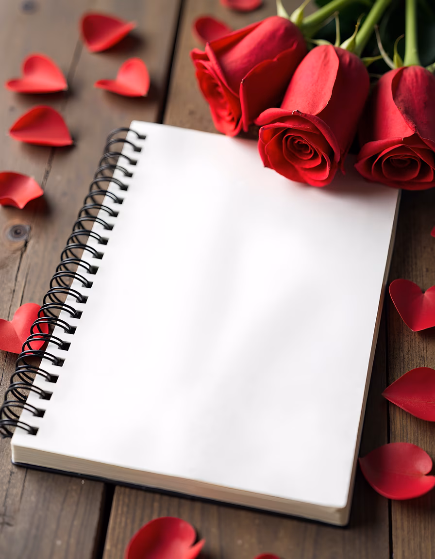 Romantic notebook with roses and petals on wood