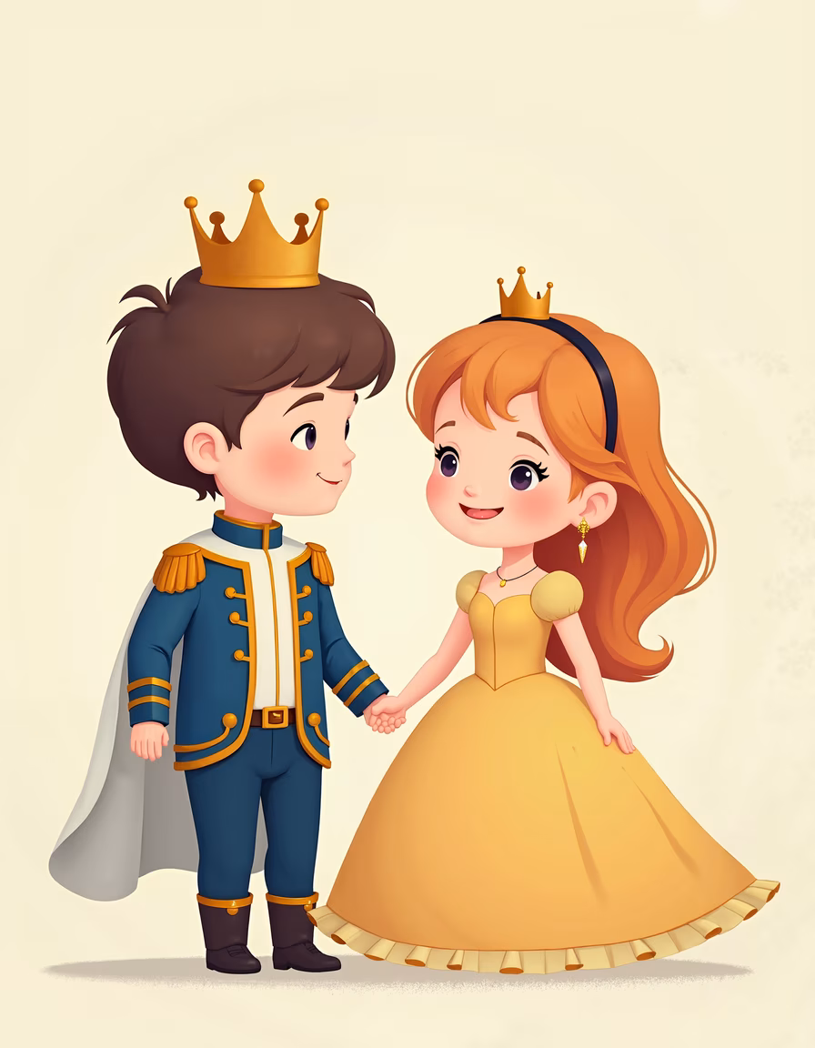 A cute royal couple holding hands, wearing crowns and classic attire.