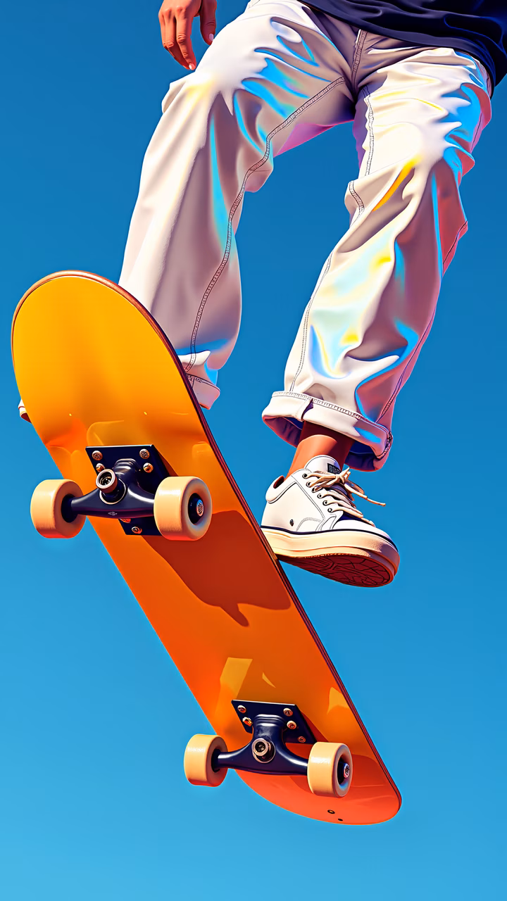 Vibrant neon skateboarder in action against a clear blue sky.