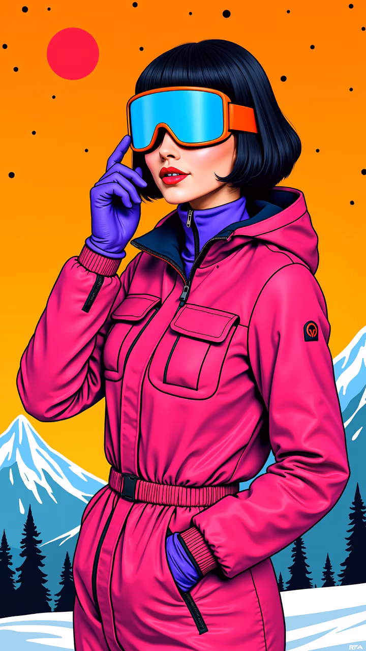 Vibrant ski gear against snowy mountains and starry sky, perfect for winter sports fans.