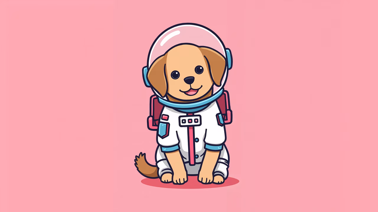 Cute puppy astronaut in a whimsical space suit on a pink background.