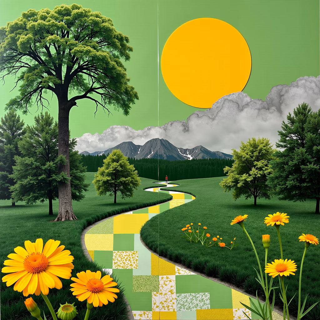 A tranquil spring landscape with a colorful path and blooming flowers.