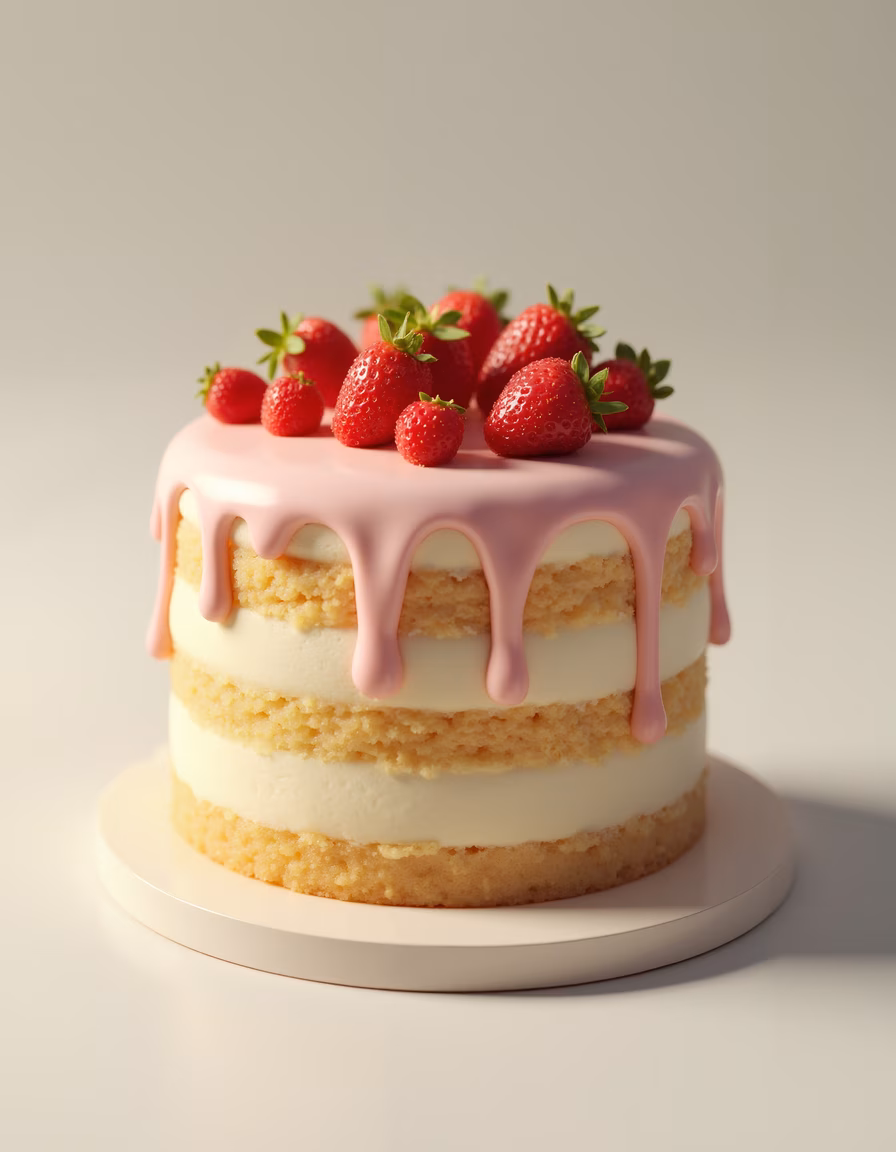Delicate strawberry cake with layers and fresh berries, perfect for dessert enthusiasts.