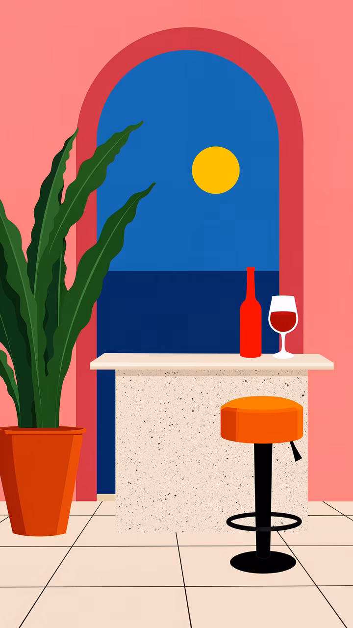 A peaceful sunset scene through an arched window with a bar counter and wine, set against warm tones.