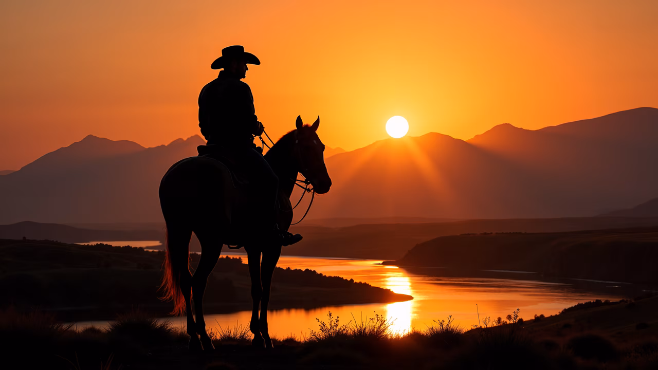 Silhouette of a cowboy at sunset, capturing the serene beauty of nature.