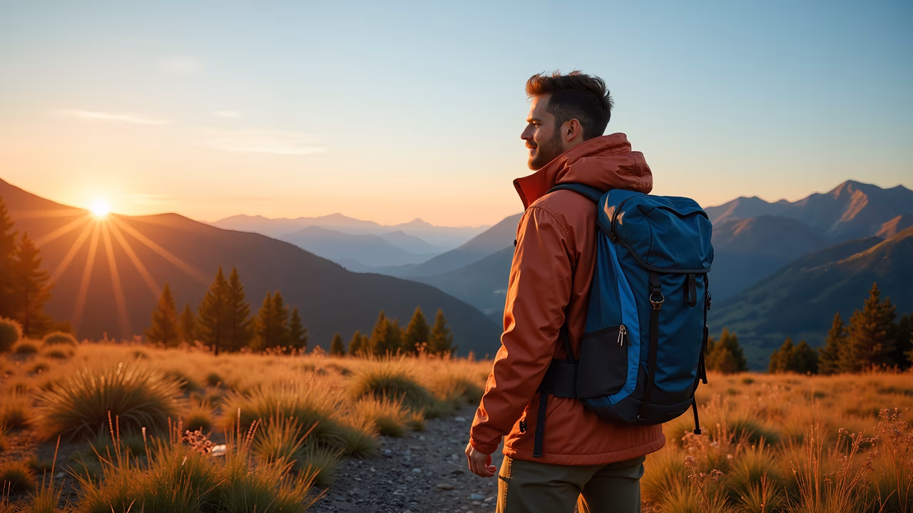 Hiker admiring sunset over scenic mountains.