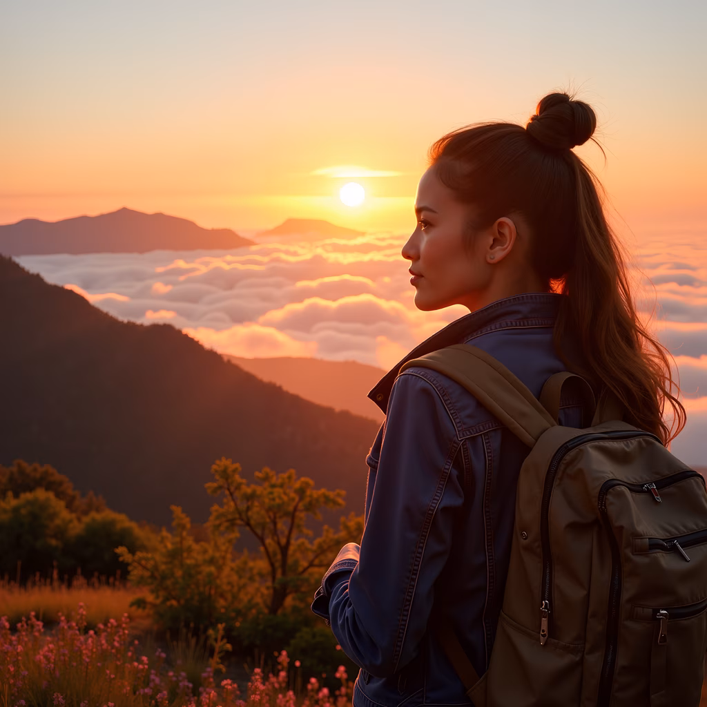 A hiker admires a breathtaking sunset over a sea of clouds and mountains.