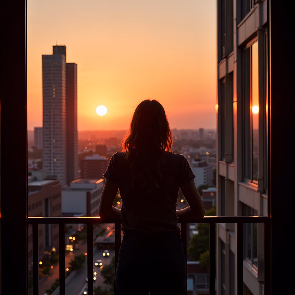 Woman on balcony overlooking city at sunset, urban photography, contemplative mood.