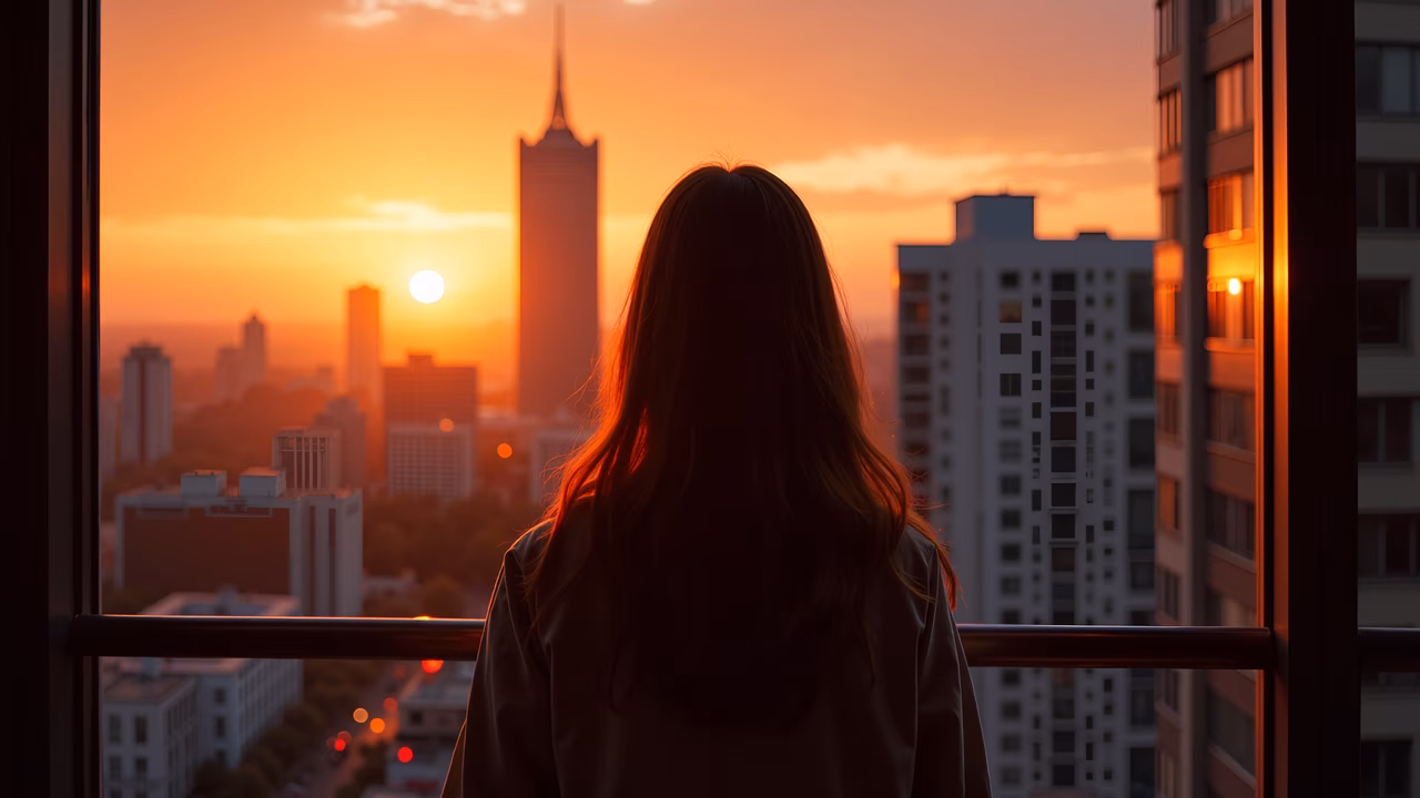 Person overlooking city skyline at sunset, evoking a sense of calm and introspection.