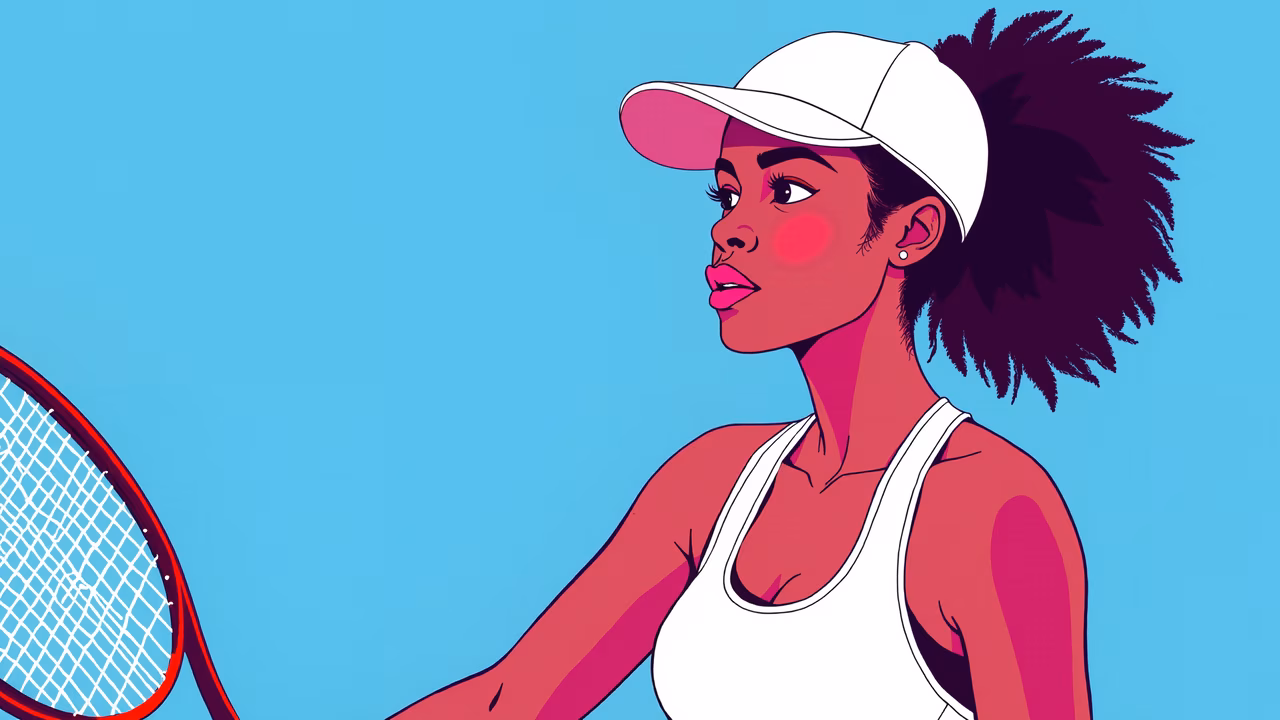 Vibrant tennis player illustration with bold colors and dynamic pose.