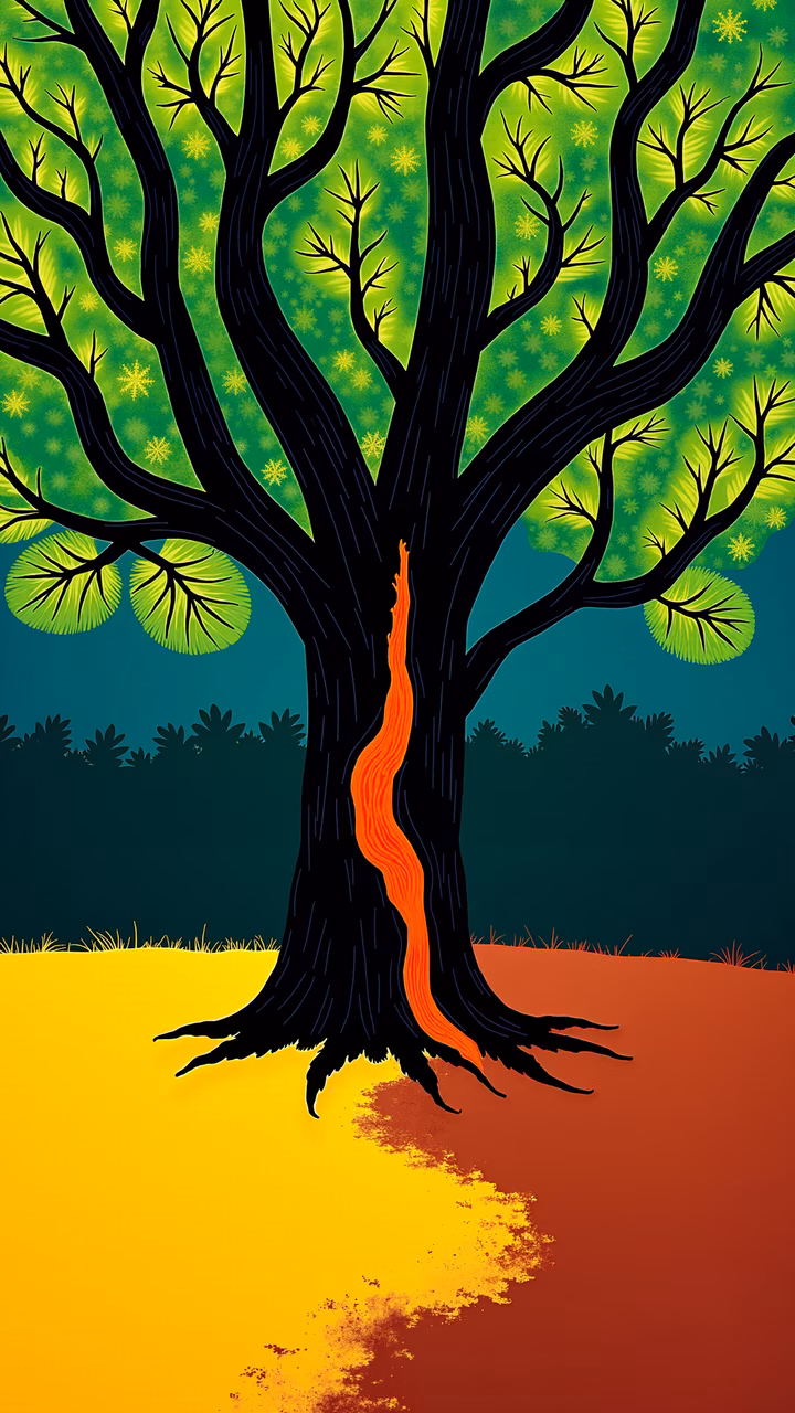 A striking illustration of a tree with a fiery crack, set against a colorful, patterned backdrop.
