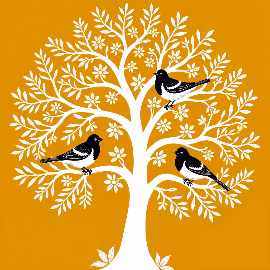 Stylized tree with three birds, minimalist design, warm golden background.