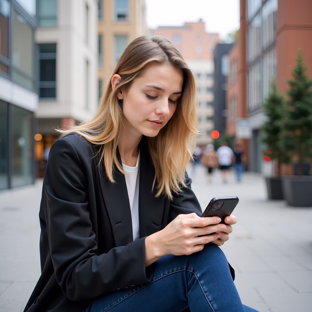 Casual urban scene of a woman texting in the city.