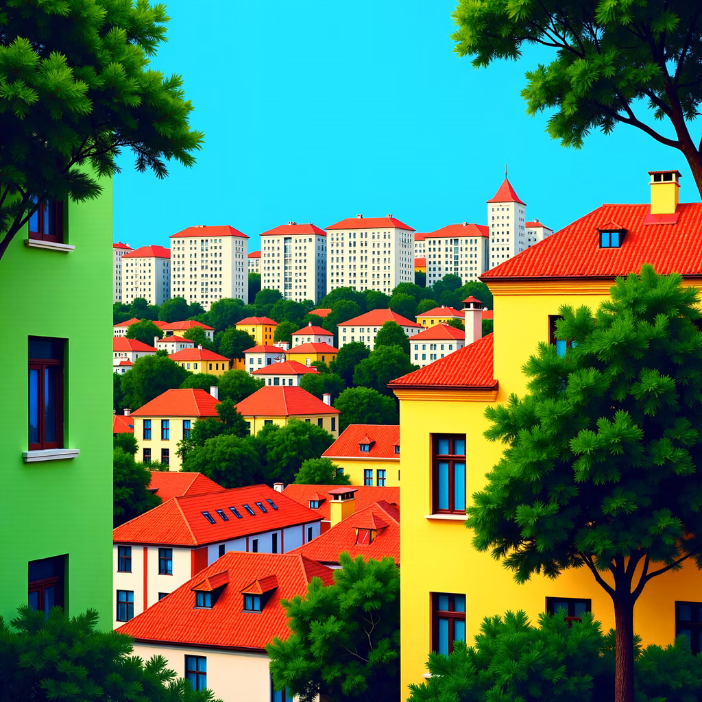 Brightly colored urban landscape with red roofs and green trees.