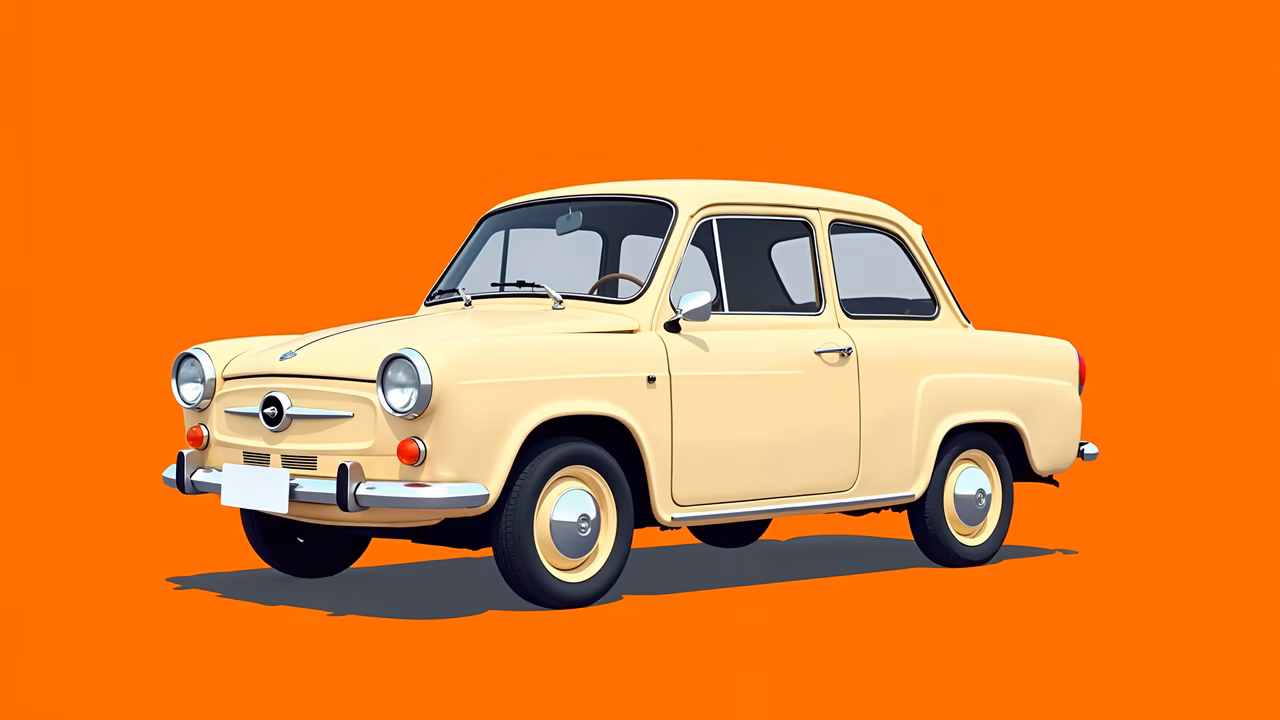 A charming vintage car illustration with a retro vibe on a bold orange background.