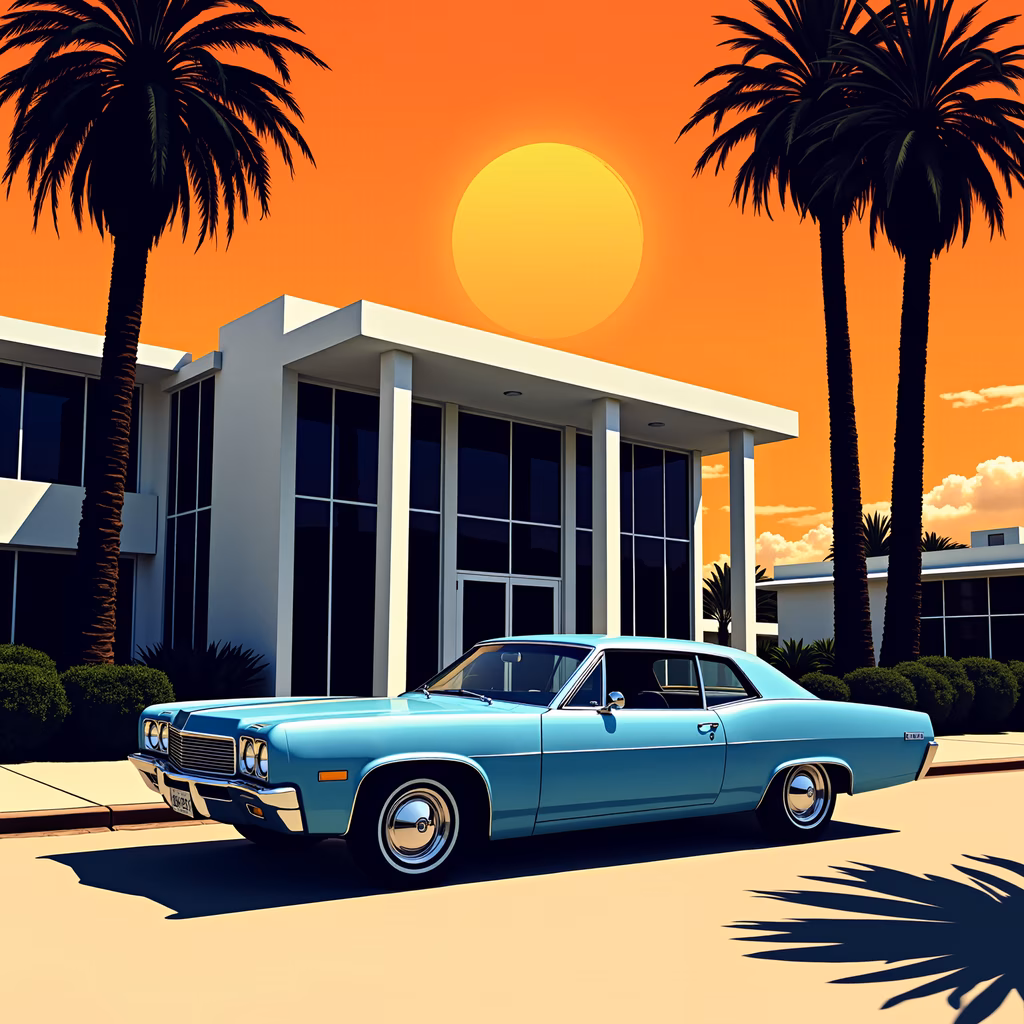 Classic car illustration with modern architecture and palm trees at sunset.