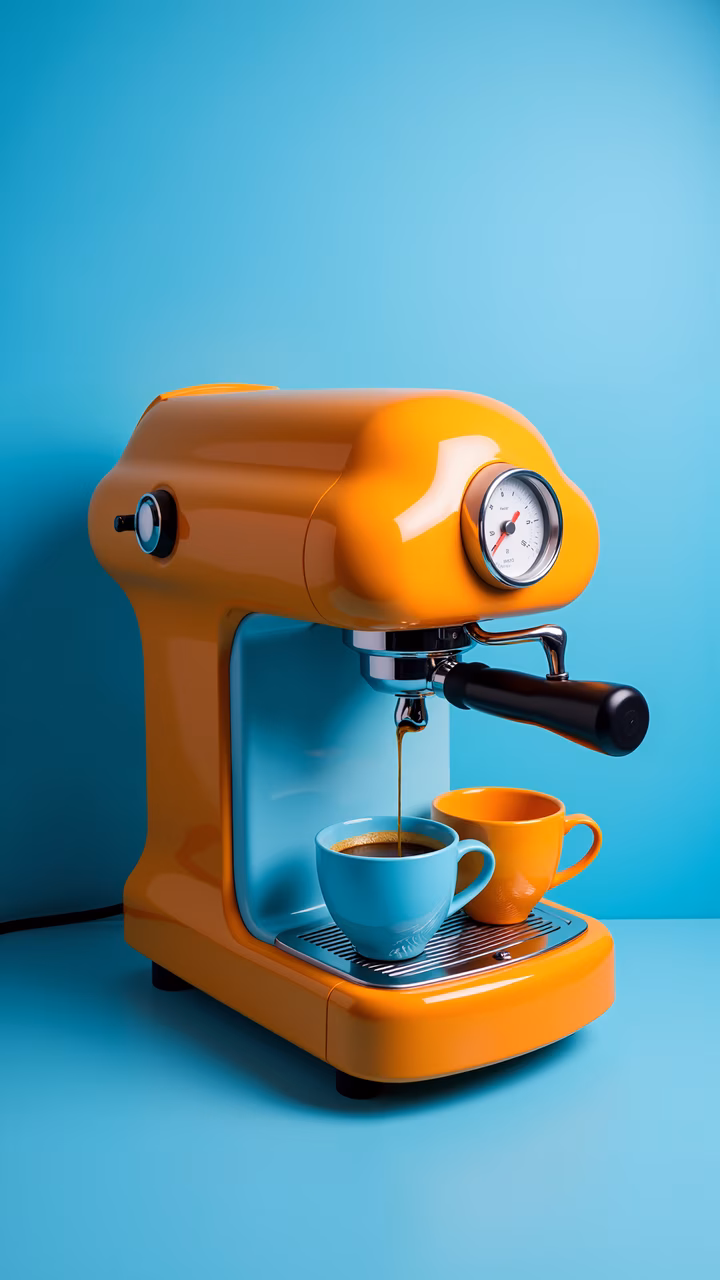 Vintage espresso machine with retro design and glossy finish, set against a bright blue background.