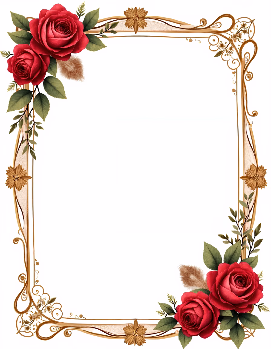 Vintage floral frame with red roses and golden details.