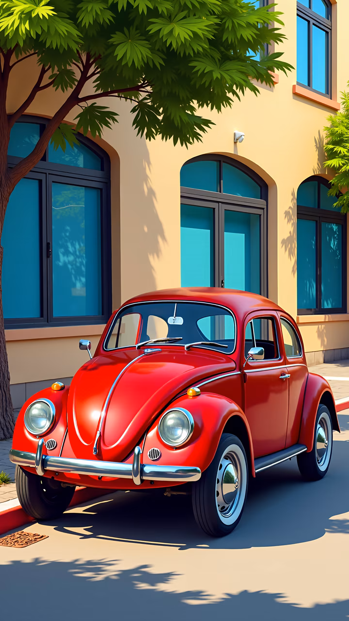 Classic red Volkswagen Beetle illustration, vintage charm, sunny street, nostalgic vibe