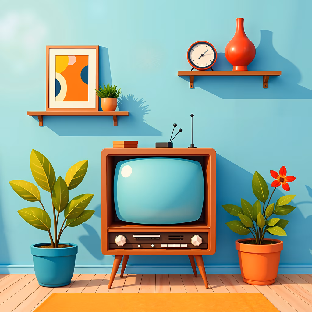 Brightly colored vintage television illustration with retro decor and plants.