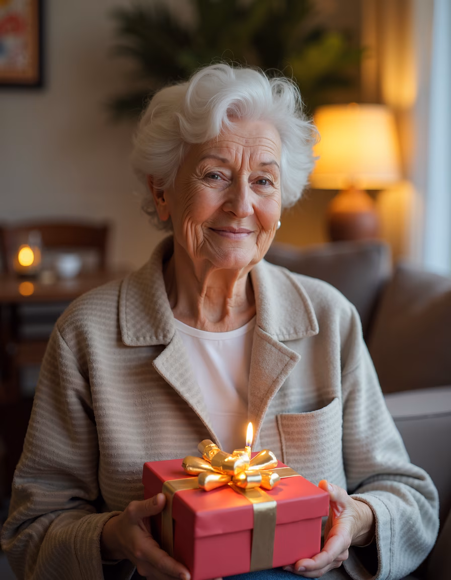 A joyful elderly woman holding a festive birthday gift with a lit candle, celebrating warmth and happiness.