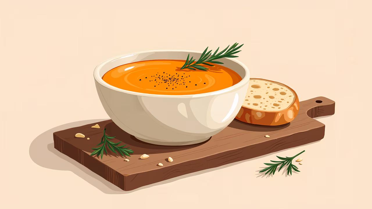 A cozy bowl of soup with crusty bread, perfect for a chilly evening.