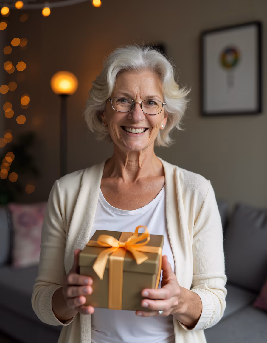 A joyful woman holding a gift in a warmly lit living room.