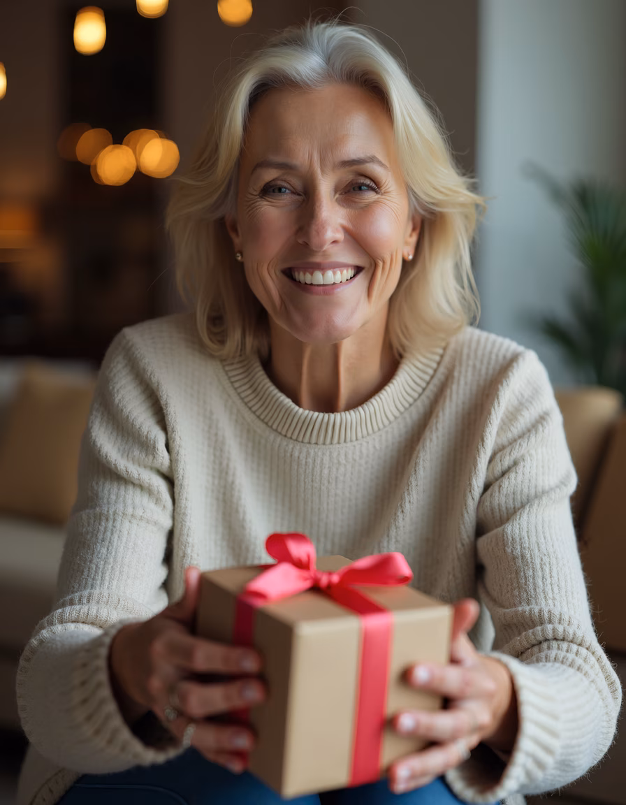 Warm smile and festive gift, portrait of joyous occasion.
