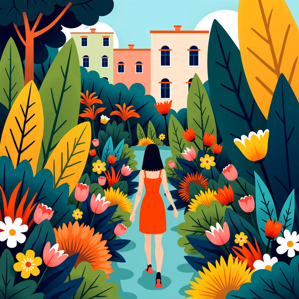 A woman in a red dress amidst a colorful garden, evoking a sense of joy and tranquility.