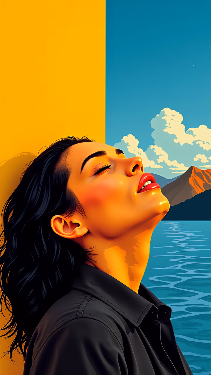 A woman's serene gaze against a tranquil sky and water, blending warmth and coolness.