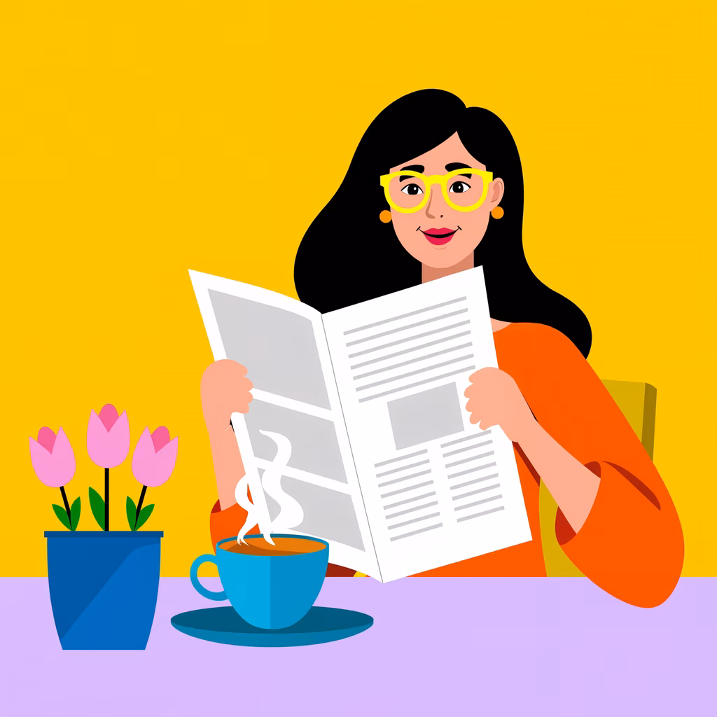 A woman enjoys a quiet moment reading the newspaper over coffee and flowers.