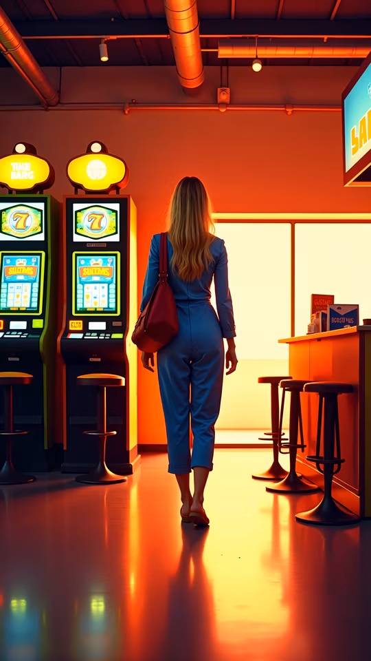 Woman Walking into Slot Machines
