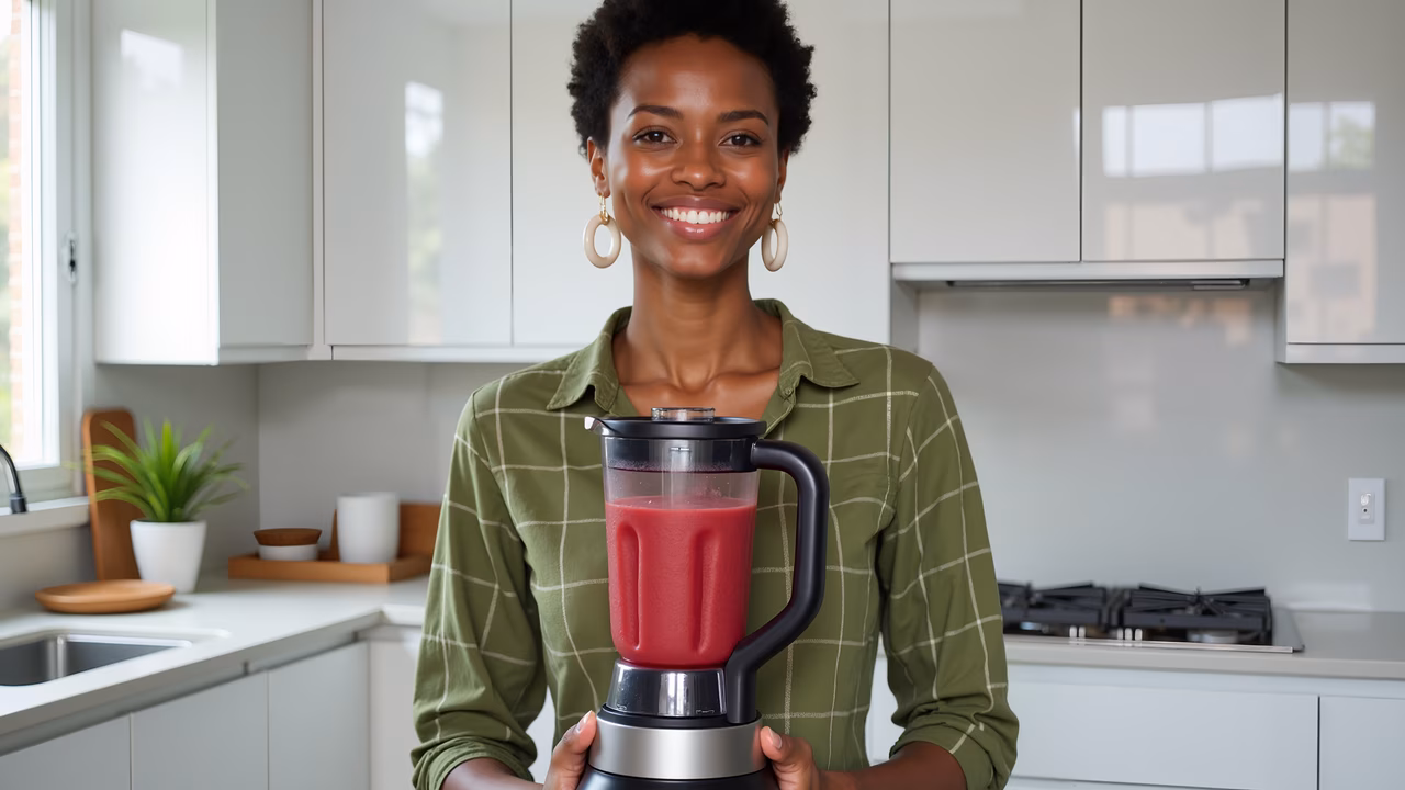 Brightly lit kitchen scene featuring a woman with a red smoothie blender.