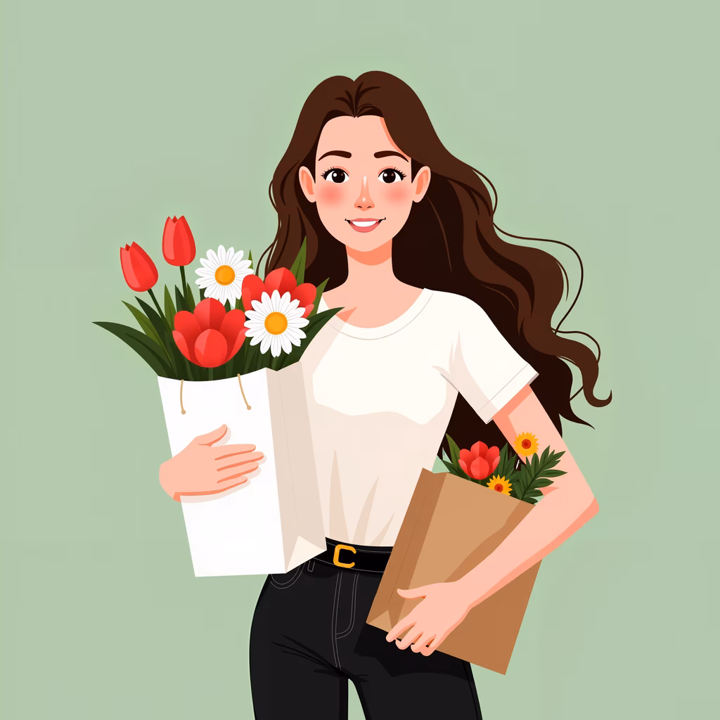 A joyful woman carrying flower-filled bags, symbolizing happiness and celebration.