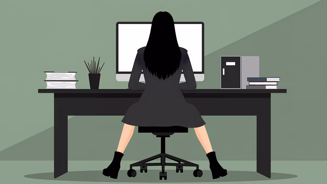 Minimalist illustration of a woman working at a desk in a quiet office environment.