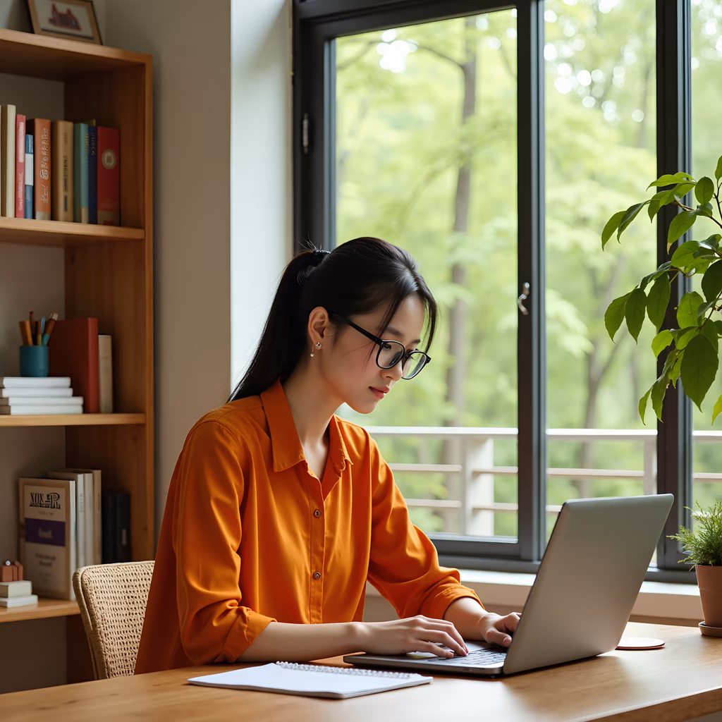 A woman in an orange blouse working at home, surrounded by natural light and books.
